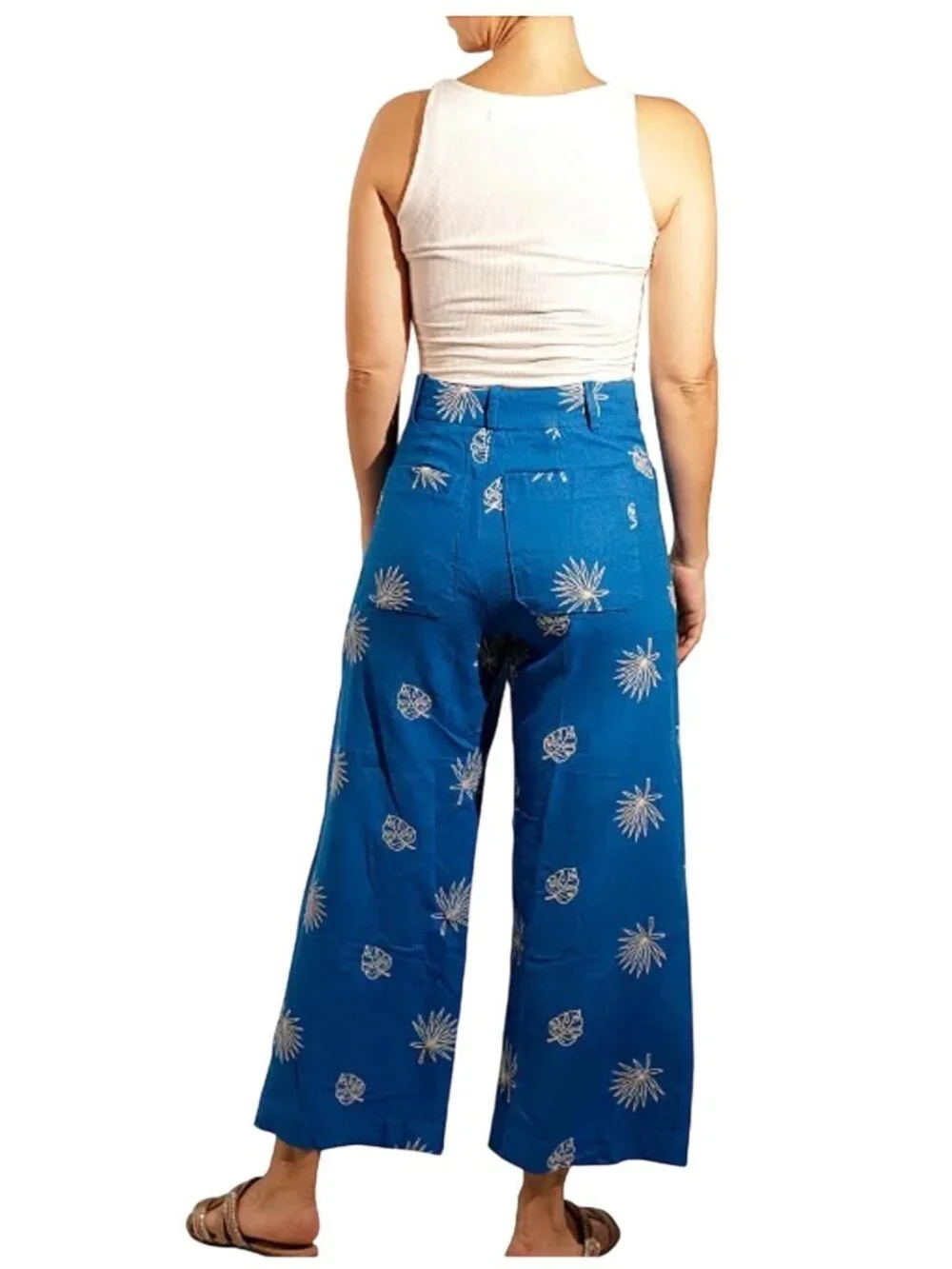 Zara Blue Wide-Leg Cropped Pants w/Embroidery High-Waist Size Small with Belt